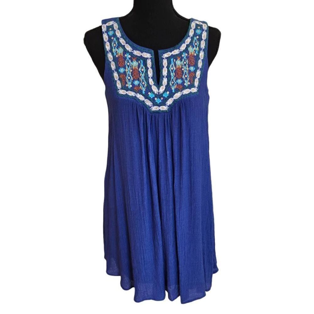 Luxology Womens Embroidered Boho Sleeveless Gauzy Easy Fit Dress Blue Small